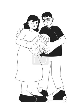 Illustration for Mom dad newborn monochrome vector spot illustration. Baby and parents 2D flat bw cartoon characters for web UI design. Couple holding baby. Infant parenthood isolated editable hand drawn hero image - Royalty Free Image