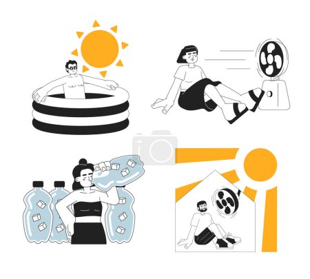 Illustration for Stay cool during heat wave monochrome concept vector spot illustration set. Summer safety 2D flat bw cartoon characters for web UI design. Hydration home isolated editable hand drawn hero image pack - Royalty Free Image