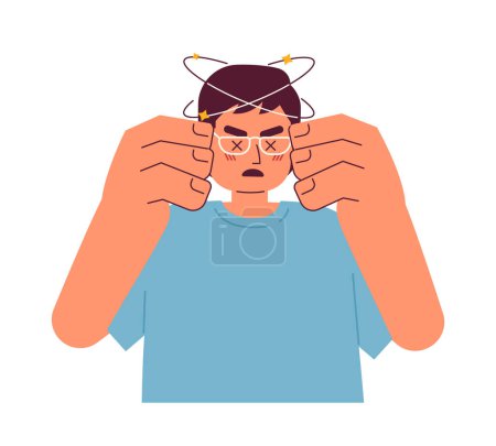 Illustration for Asian man with spinning head semi flat color vector character. Headache dizzy. Male feeling sick. Editable half body person on white. Simple cartoon spot illustration for web graphic design - Royalty Free Image