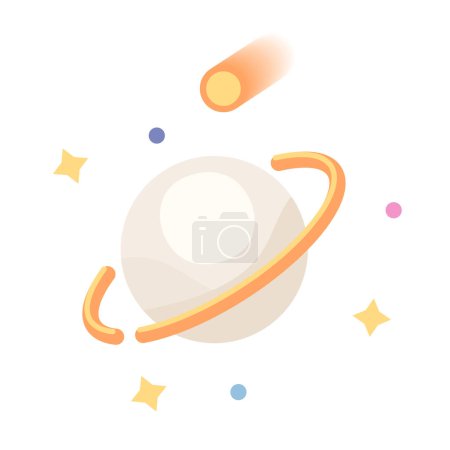 Illustration for Circle around planet semi flat colour vector object. Bright stars and falling asteroid. Editable cartoon clip art icon on white background. Simple spot illustration for web graphic design - Royalty Free Image