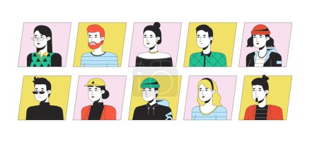 Jóvenes caucásicos plana de color dibujos animados avatar iconos paquete. Retratos de usuario 2D editables ilustraciones lineales. Cliparts aislados de perfil facial vectorial. Colección Userpic, gente cabeza y hombros