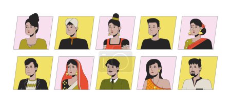 Ilustración de Bastante indio gente plana color dibujos animados avatar iconos paquete. Ilustración lineal de retrato de usuario 2D editable. Clipart de perfil facial vectorial aislado. Colección útil, cabeza y hombros de persona - Imagen libre de derechos