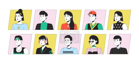 Ilustración de Emocionado asiático gente plana color dibujos animados avatar iconos paquete. Ilustración lineal de retrato de usuario 2D editable. Cliparts aislados de perfil facial vectorial. Colección Userpic, gente cabeza y hombros - Imagen libre de derechos