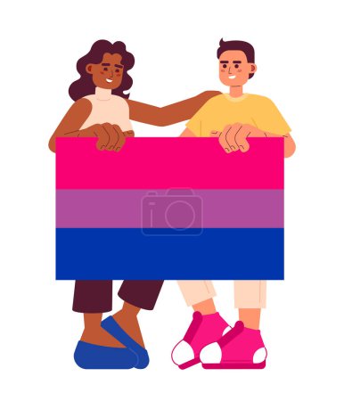 Illustration for Attractive people with bisexual pride flag semi flat color vector characters. LGBT community. Editable full body people share support on white. Simple cartoon spot illustration for web graphic design - Royalty Free Image
