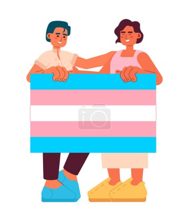 Transgender-Menschen unterstützen sich gegenseitig halb flache Farbvektorzeichen. Essbare Ganzkörper-lgbt-Menschen halten Transgender-Flagge auf weiß. Einfache Cartoon-Spot-Illustration für Webgrafik-Design