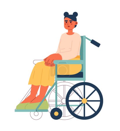 Téléchargez les illustrations : Jeune femme caucasienne en fauteuil roulant semi plat couleur vecteur caractère. Corporel complet modifiable personne handicapée sur blanc. Illustration simple de spot de dessin animé pour la conception graphique web - en licence libre de droit