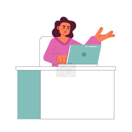 Téléchargez les illustrations : Occupé hispanique femme travaillant sur ordinateur portable vecteur 2D isolé spot illustration. Bureau attrayant caractère plat sur fond blanc. Scène éditable colorée et travaillante - en licence libre de droit