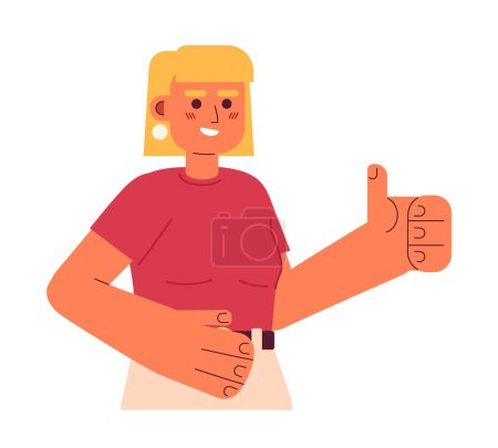 Illustration for Cheerful blonde woman shows thumb up semi flat color vector character. Editable half body pretty lady in shirt on white. Simple cartoon spot illustration for web graphic design - Royalty Free Image