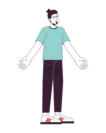 Illustration for Annoyed man throwing up hands flat line color vector character. Editable outline full body person on white. Clueless bearded man shrugging simple cartoon spot illustration for web graphic design - Royalty Free Image