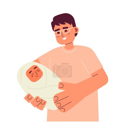 Ilustración de Papá asiático sosteniendo bebé recién nacido semi plana vector de color caracteres. Gafas de vista padre con bebé envuelto. Editable gente de cuerpo completo en blanco. Ilustración simple de dibujos animados para el diseño gráfico web - Imagen libre de derechos