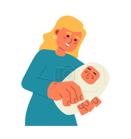 Ilustración de Europea mamá sosteniendo bebé semi plana color vector caracteres. Maternidad. Nuevo padre con bebé envuelto. Gente de medio cuerpo editable en blanco. Ilustración simple de dibujos animados para el diseño gráfico web - Imagen libre de derechos