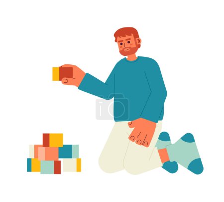 Illustration for Happy bearded father playing with constructor cubes semi flat color vector character. Dad stacking blocks. Editable full body person on white. Simple cartoon spot illustration for web graphic design - Royalty Free Image