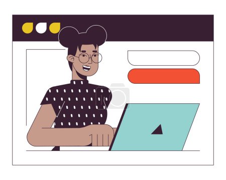 Illustration for Black woman on web meeting flat line concept vector spot illustration. African american woman laptop 2D cartoon outline character on white for web UI design. Editable isolated color hero image - Royalty Free Image