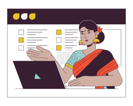 Illustration for Hindu woman on web conferencing flat line concept vector spot illustration. Indian lady in online screen 2D cartoon outline character on white for web UI design. Editable isolated color hero image - Royalty Free Image
