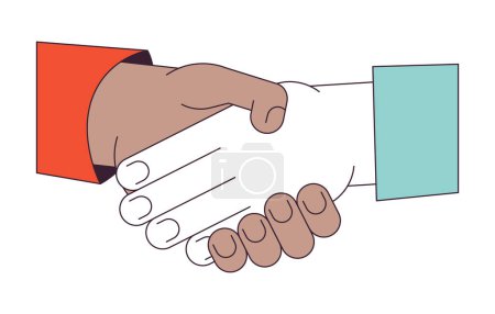 Illustration for Networking shaking hands flat line concept vector spot illustration. Negotiating handshake 2D cartoon outline hands on white for web UI design. Diverse meeting editable isolated color hero image - Royalty Free Image