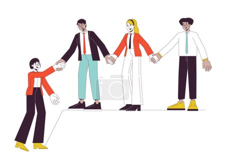 Illustration for Supportive business team flat line concept vector spot illustration. Colleagues 2D cartoon outline characters on white for web UI design. Collaboration and teamwork editable isolated color hero image - Royalty Free Image