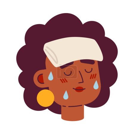 African american dehydrated woman semi flat vector character head. Wet towel on forehead. Editable cartoon avatar icon. Face emotion. Colorful spot illustration for web graphic design, animation