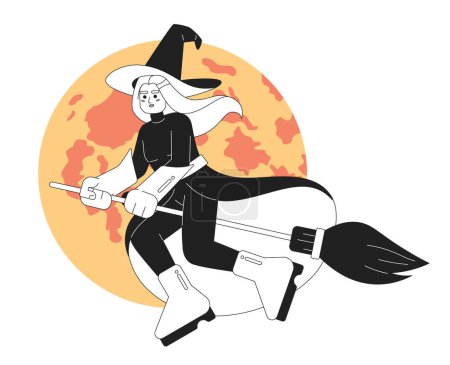 Illustration for Mysterious witch monochrome concept vector. Fly around worlds 2D 2D flat bw cartoon character for web UI design. Isolated editable hand drawn hero image - Royalty Free Image