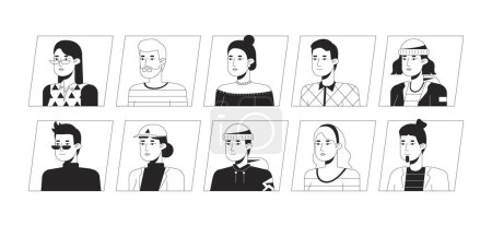 Téléchargez les illustrations : Jeunes gens caucasiens noir blanc bande dessinée avatar icônes faisceau. Portraits d'utilisateurs 2D modifiables illustrations linéaires. Coupures isolées de profil vectoriel. Collection Userpic, tête et épaules des gens - en licence libre de droit