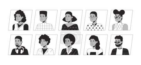 Ilustración de Afro-americanos negro blanco caricatura avatar iconos paquete. Retratos de usuario 2D editables ilustraciones lineales. Cliparts aislados de perfil facial vectorial. Colección Userpic, gente cabeza y hombros - Imagen libre de derechos