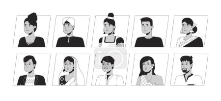 Téléchargez les illustrations : Jolies personnes indiennes noir blanc bande dessinée avatar icônes paquet. Portraits d'utilisateurs 2D modifiables illustrations linéaires. Coupures isolées de profil vectoriel. Collection Userpic, tête et épaules des gens - en licence libre de droit