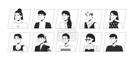 Ilustración de Emocionado pueblo asiático negro blanco caricatura avatar iconos paquete. Ilustración lineal de retrato de usuario 2D editable. Cliparts aislados de perfil facial vectorial. Colección Userpic, gente cabeza y hombros - Imagen libre de derechos
