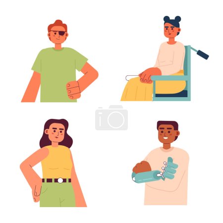 Illustration for People with disabilities semi flat color vector characters pack. Editable half body strong people on white. Simple cartoon spot illustration for web graphic design - Royalty Free Image
