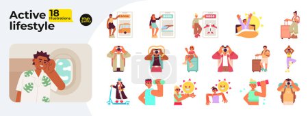 Illustration for Summer leisure activity flat concept vector spot illustrations bundle. Active lifestyle 2D cartoon characters on white for web UI design. Recreation isolated editable creative hero images collection - Royalty Free Image