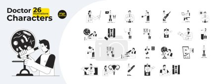 Illustration for Doctors flat line black white vector characters bundle. Editable isolated outline people. Consultations and treatments simple cartoon style spot images collection for web graphic design - Royalty Free Image