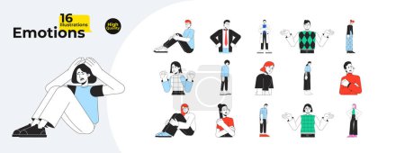 Human emotions flat line color vector characters bundle. Editable outline full body of sad, frustrated, baffled people on white. Simple cartoon spot illustration for web graphic design