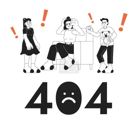 Illustration for Bad parenting day black white error 404 flash message. Tired mom and siblings fight. Monochrome empty state ui design. Page not found popup cartoon image. Vector flat outline illustration concept - Royalty Free Image