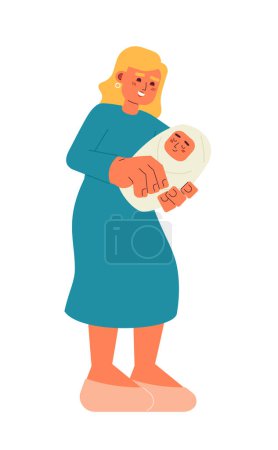 Illustration for Caucasian mother with newborn baby semi flat color vector characters. Motherhood. Happy mom cuddling infant. Editable full body people on white. Simple cartoon spot illustration for web graphic design - Royalty Free Image