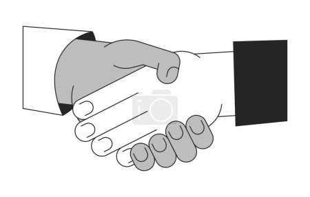 Illustration for Networking shaking hands bw concept vector spot illustration. Negotiating handshake 2D cartoon flat line monochromatic hands for web UI design. Diverse meeting editable isolated outline hero image - Royalty Free Image