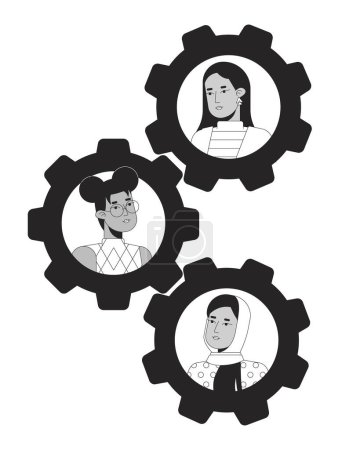 Illustration for Teamwork gears bw concept vector spot illustration. Women business diverse 2D cartoon flat line monochromatic characters for web UI design. Collaboration cogwheels editable isolated outline hero image - Royalty Free Image