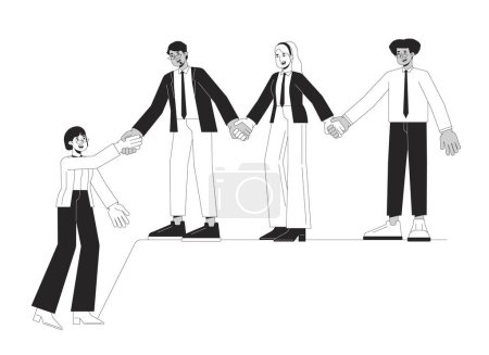 Illustration for Supportive business team bw concept vector spot illustration. Colleagues 2D cartoon flat line monochromatic characters for web UI design. Collaboration, teamwork editable isolated outline hero image - Royalty Free Image