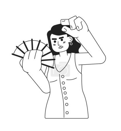 Illustration for Exhausted caucasian woman cooling down with fan monochromatic flat vector character. Summer fan hot. Editable thin line half body person on white. Simple bw cartoon spot image for web graphic design - Royalty Free Image