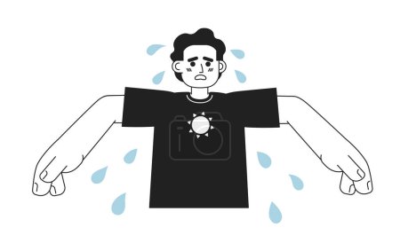 Illustration for Middle eastern exhausted man excessive sweating monochromatic flat vector character. Hyperhidrosis. Editable thin line half body person on white. Simple bw cartoon spot image for web graphic design - Royalty Free Image