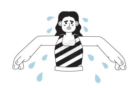 Ilustración de Mujer árabe con axilas sudorosas monocromáticas carácter vector plano. La chica sudando siente malestar. Editable persona de línea delgada de medio cuerpo en blanco. Simple imagen spot de dibujos animados bw para el diseño gráfico web - Imagen libre de derechos