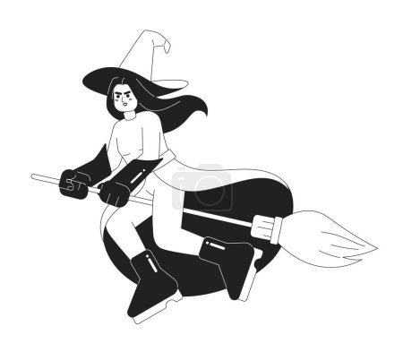 Illustration for Evil witch on broom monochromatic flat vector character. Editable full body enchantress with long silver hair and green skin on white. Simple bw cartoon spot image for web graphic design - Royalty Free Image