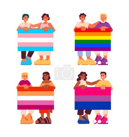 Illustration for Happy people with lgbt flags semi flat color vector characters pack. Lgbt friendly community 2D cartoon characters on white for web UI design. Isolated editable creative hero images - Royalty Free Image