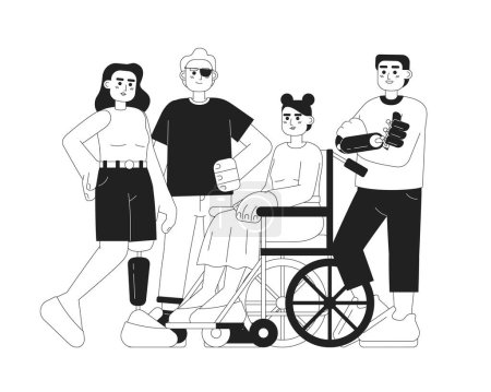 Illustration for Self confident with disabilities monochromatic flat vector characters. Editable thin line full body people have chronic health condition on white. Simple bw cartoon spot image for web graphic design - Royalty Free Image