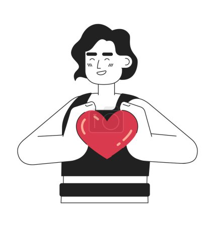 Illustration for Positive brunette woman holds small heartmonochromatic flat vector character. Editable thin line half body young woman on white. Simple bw cartoon spot image for web graphic design - Royalty Free Image