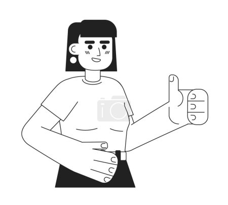 Illustration for Cheerful woman shows thumb up monochromatic flat vector character. Editable thin line half body pretty lady in shirt on white. Simple bw cartoon spot image for web graphic design - Royalty Free Image