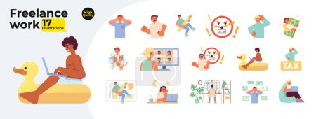 Illustration for Freelance work flat concept vector spot illustrations bundle. Hardworking and frustrated 2D cartoon characters on white for web UI design. Remote work isolated editable creative hero images collection - Royalty Free Image