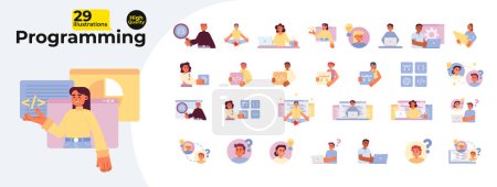 Illustration for Programming flat concept vector spot illustrations bundle. Busy freelancer working on laptop 2D cartoon characters on white for web UI design. Isolated editable creative hero image collection - Royalty Free Image