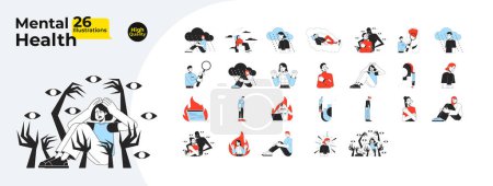 Illustration for Mental health and psychology problem flat line concept vector spot illustrations bundle. People with mental illness 2D cartoon characters on white for web UI design. Editable hero image collection - Royalty Free Image