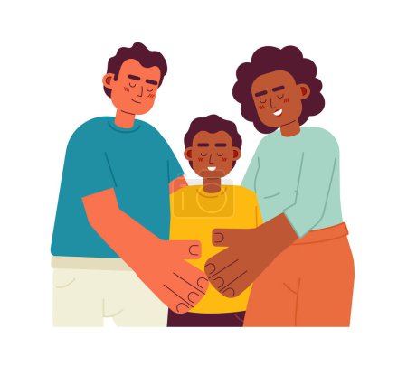 Illustration for Mixed race parents with smiling son semi flat color vector characters. Family time. Two parents child. Editable half body people on white. Simple cartoon spot illustration for web graphic design - Royalty Free Image