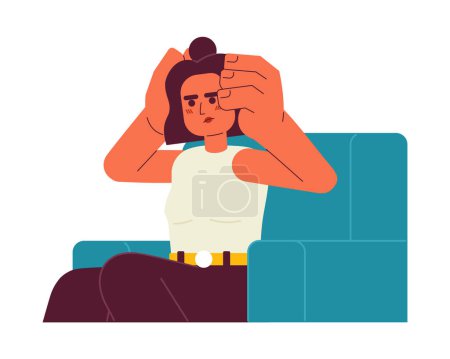 Ilustración de Mujer joven con dolor de cabeza sentado semi plana vector de color carácter. Frustrado millennial en sillón. Persona de medio cuerpo editable en blanco. Ilustración simple de dibujos animados para el diseño gráfico web - Imagen libre de derechos