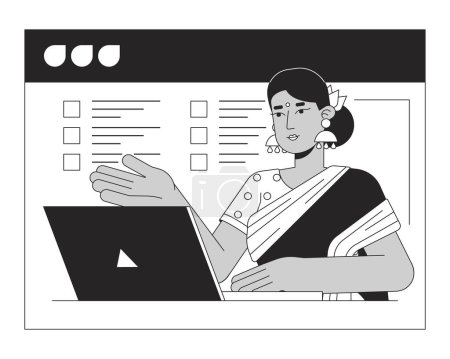 Illustration for Hindu woman on web conferencing bw concept vector spot illustration. Indian lady in online screen 2D cartoon flat line monochromatic character for web UI design. Editable isolated outline hero image - Royalty Free Image