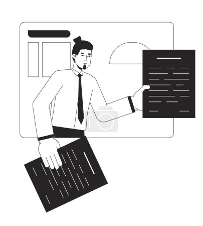 Illustration for Business manager handing over papers bw concept vector spot illustration. Team leader 2D cartoon flat line monochromatic character for web UI design. Presentation editable isolated outline hero image - Royalty Free Image